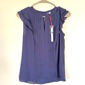 Elle Pintuck Front Soft Ruffle Navy Blue Blouse - Size Small